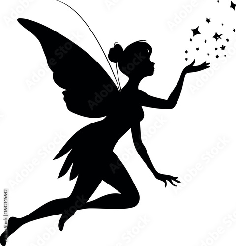 Whimsical fairy silhouette with ornate wings