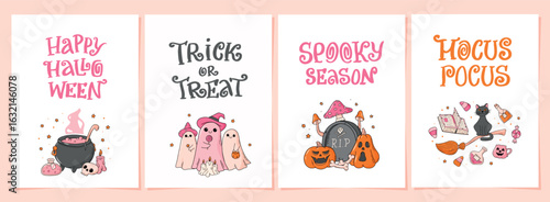 Halloween greeting cards, posters, banners, prints, invitations collection decorated with doodles and lettering quotes. EPS 10
