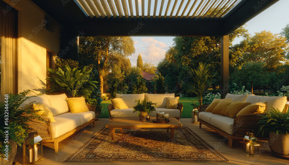 Fototapeta premium Lush garden with a modern seating area. Wooden sofas, yellow cushions, and a Persian rug. A luxurious and sunny setting for relaxing outdoors.
