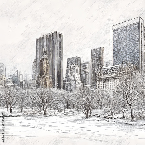 Midtown manhattan New York City skyline in winter illustration