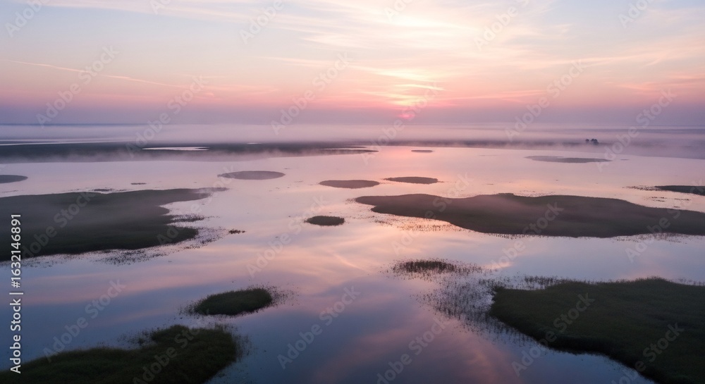 Fototapeta premium Serene Misty Wetlands at Sunrise with Pastel Sky and Reflective Waters.