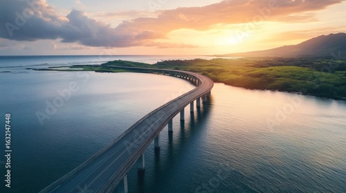 Scenic coastal highway bridge at sunrise.
