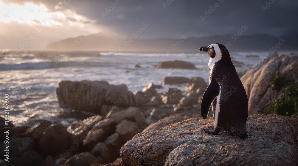 Obraz premium Penguin Looking Out to Sea Dramatic Light Depth of Field