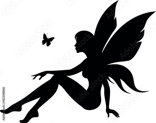 Whimsical fairy silhouette with ornate wings