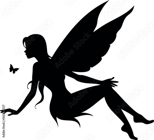 Whimsical fairy silhouette with ornate wings