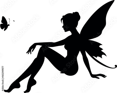 Whimsical fairy silhouette with ornate wings