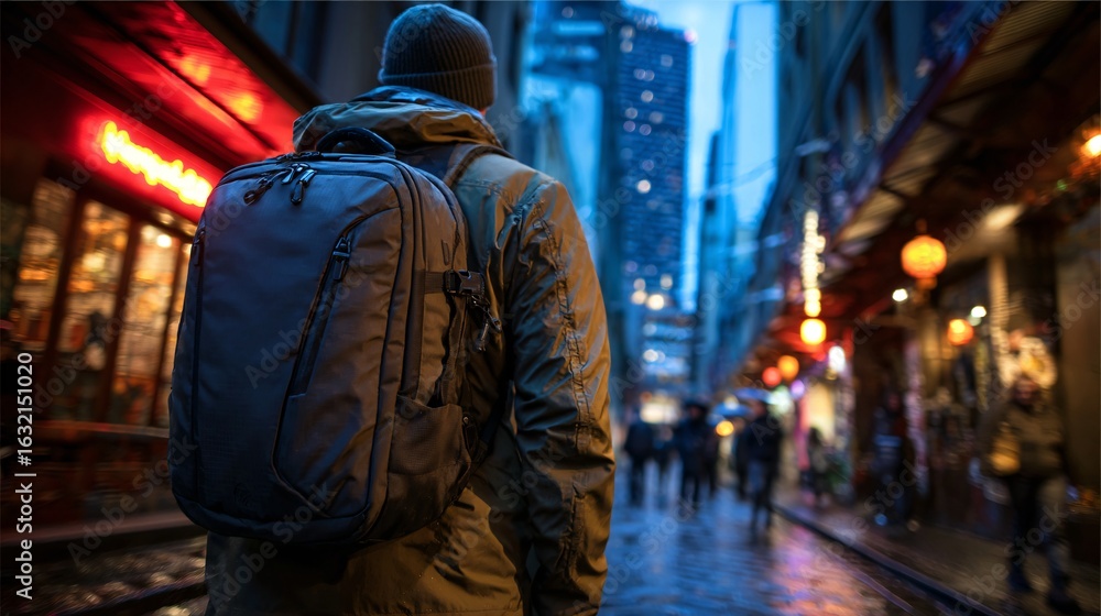 Obraz premium Man with Backpack in Rainy Neon Alley at Dusk