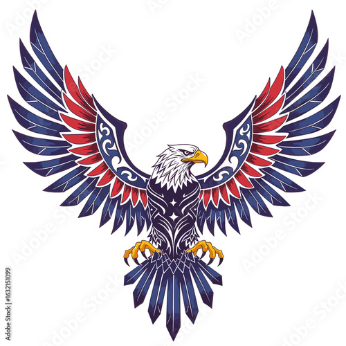 Stylized eagle with red and blue wings in decorative design  