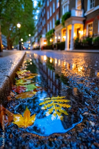 Calles de Londres tras la lluvia con hojas flotantes en charcos al anochecer