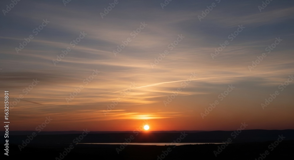 Obraz premium Serene sunset over hills and lake with vibrant sky colors