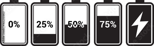 Charging Battery with Fill and Percentage Icon Set.
