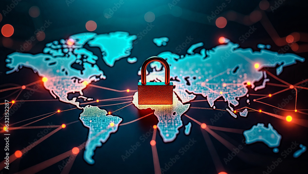 Obraz premium Digital blue world map secured by a red padlock, surrounded by interconnected network lines and dots on a dark blue background with scattered orange dots.
