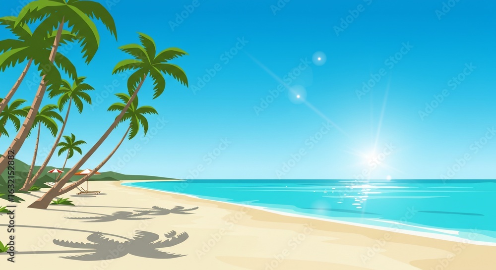 Obraz premium Tropical beach paradise with palm trees, turquoise water, and bright sunshine