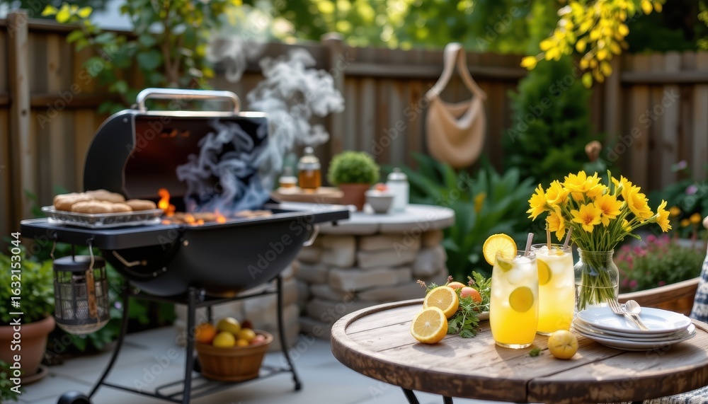 Fototapeta premium rustic backyard bbq scene with smoke rising from grill and iced lemonades on a side table with summer decor elements