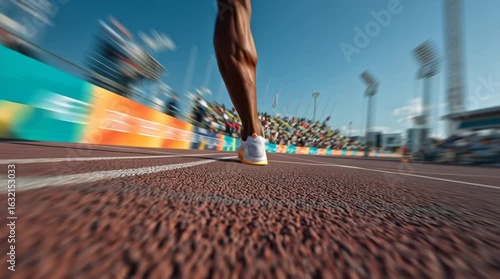 Dynamic Close-Up of Sprinter's Footwear on a Track During Competitive Race