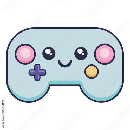 Cute blue game controller with kawaii face, pastel buttons and happy expression, adorable cartoon gaming device on white background