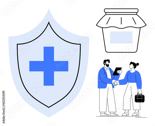 Blue shield with medical cross, sealed jar, two professionals shaking hands. Ideal for health, wellness, safety, partnership, agreements trust and healthcare decisions. Simple flat metaphor