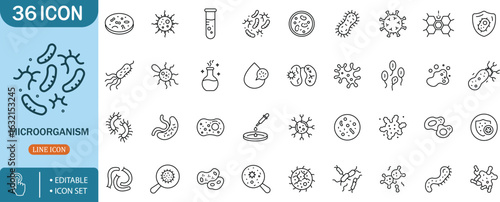 Microorganism Line Icon Set – Bacteria, Germ, Cell, Virus, Science, Health, Infection

