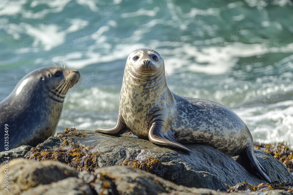 Fototapeta premium Seals Basking on Rocky Coastline Near Ocean