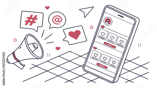 Illustration of a smartphone displaying social media content with a megaphone and various icons around it