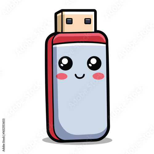 Cute USB flash drive with kawaii face, smiling cartoon memory stick with red and gray body on white background