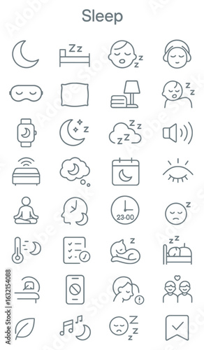 Collection of outline sleep symbols depicting bedtime routines and restful nights, promoting wellness and relaxation.