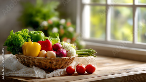 Colorful Assortment of Fresh Vegetables in a Rustic Basket on Wooden Table near Window