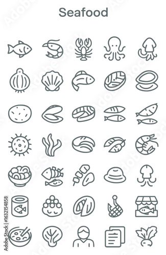 Collection of seafood line art presents various marine delicacies in a clean and minimalist style, perfect for menus and culinary themes.