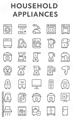 Collection of household appliances displayed as line art on white showcases common home electronics and kitchen tools in a minimalist style.