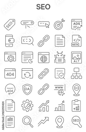 A collection of thin line icons representing various concepts of Search Engine Optimization (SEO) and digital marketing.