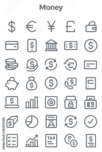 Collection of money symbols representing global finance and economic concepts in a minimalist style, suitable for digital platforms and financial applications.