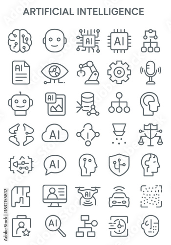 A collection of thin line icons representing various concepts and applications of artificial intelligence.