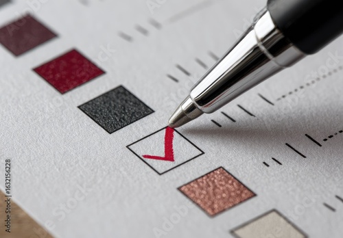 Close-up of a red checkmark in a box on a form,  with a pen poised