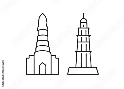 Two distinct historical depictions of the qutub minar monument showcasing its architectural grandeur and cultural significance isolated on white background