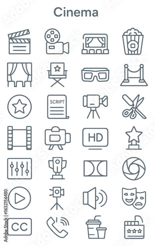 A collection of cinema icons, including clapperboard, film reel, camera, popcorn, and more.