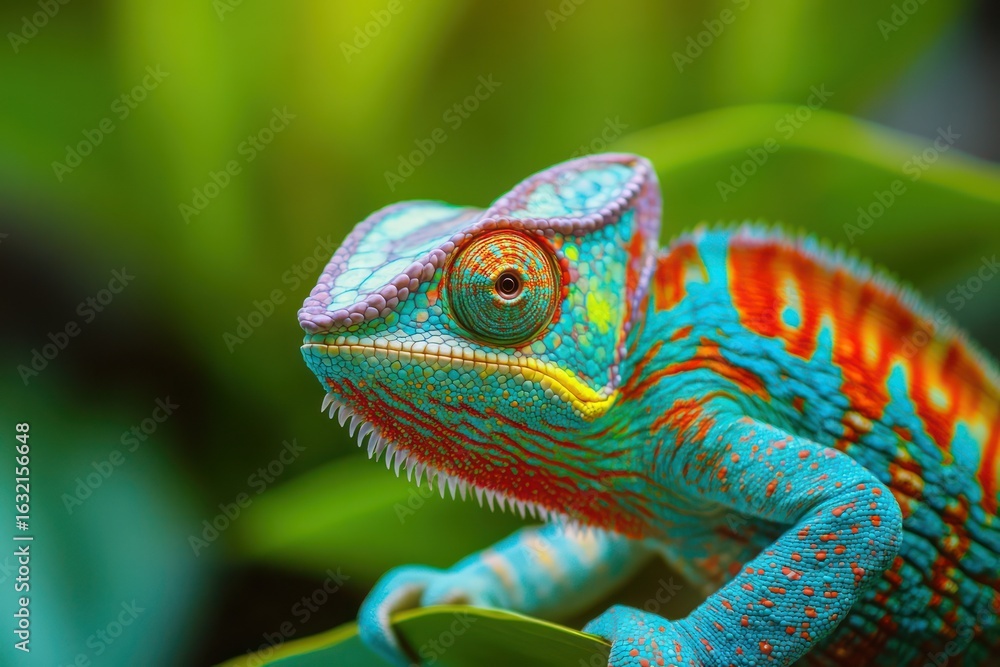 Fototapeta premium Colorful Chameleon Posing Against White Background