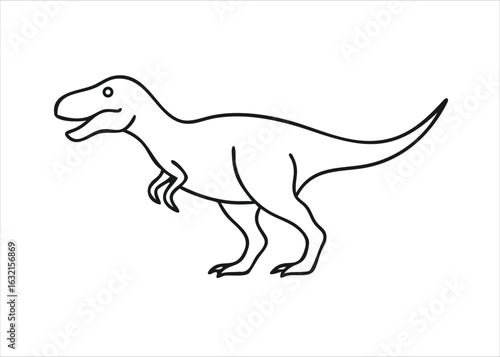 A striking black and white line art depiction of a tyrannosaurus rex dinosaur in a bold artistic style isolated on white background