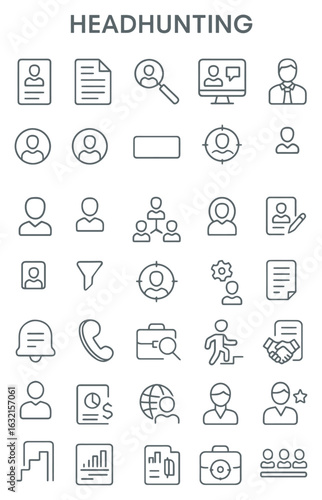 Line art depicting headhunting and recruitment processes with candidate profiles, interviews, and job offers in a modern, minimalist style.