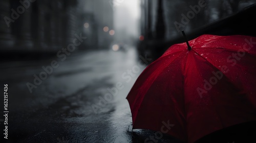 A solitary red umbrella stands out in a monochrome city street