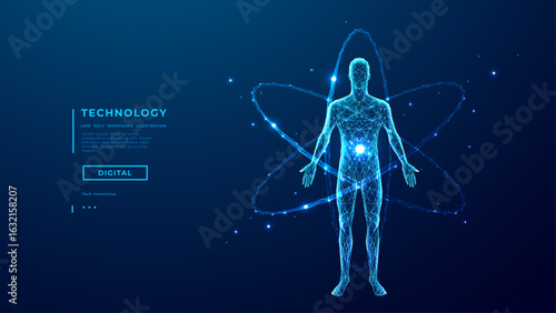 Abstract human body silhouette and nuclear atom model. Science, medicine, and health innovation concepts. AI doctor interface on blue technology background. 3D low poly wireframe vector illustration.