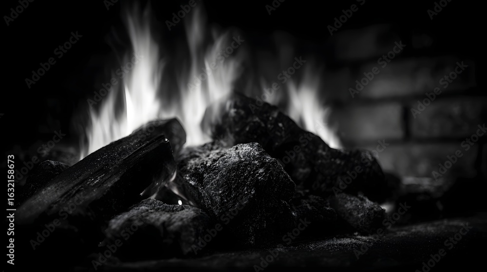 Naklejka premium Captivating black and white flames in a cozy fireplace