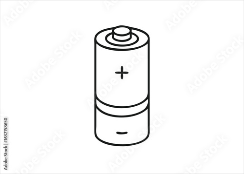 A simple black and white line art illustration of a common cylindrical power cell with positive and negative terminals isolated on white background