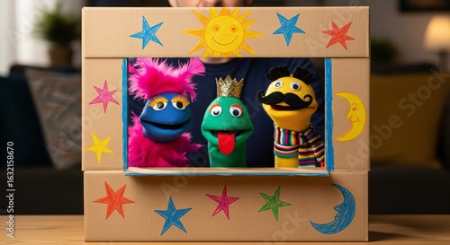 Sock Puppet Live Performance Behind Small Cardboard Puppet Stage for Playful Home Entertainment