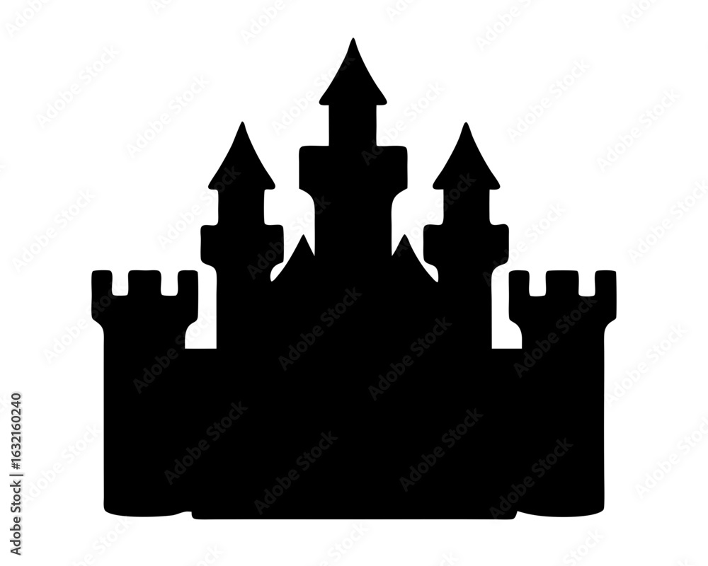 Fototapeta premium A silhouette of a medieval castle with turrets and spires against white