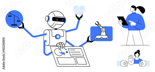 Robot with multiple arms managing AI-driven decision tools, health data, automation, and ethical balance while a woman with a tablet observes. Ideal for AI integration, ethics, healthcare