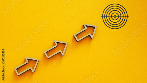 Schilderij op canvas Moving towards a goal is shown by arrows pointing to the target as Concept of mo