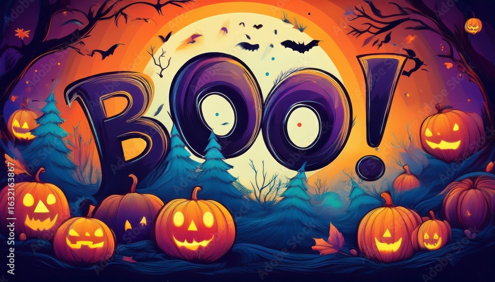 Fototapeta premium A vibrant Halloween scene featuring glowing pumpkins, a large 