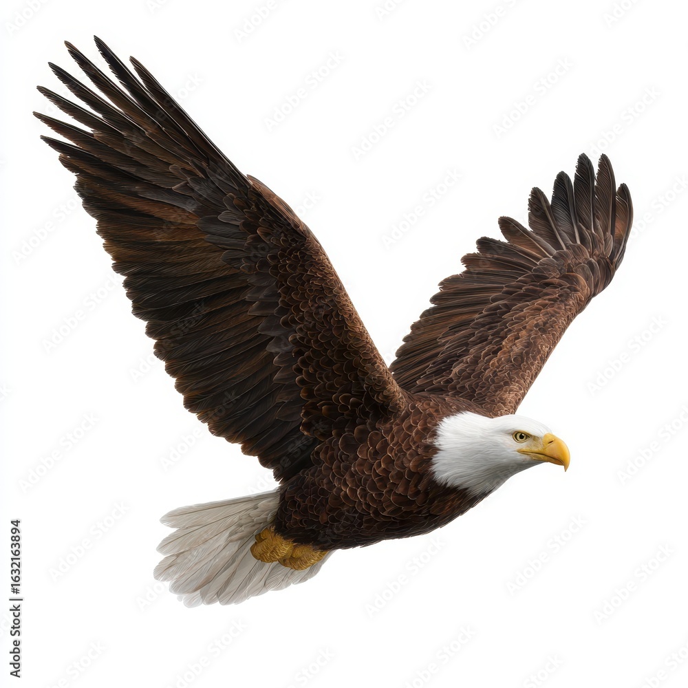 Fototapeta premium Majestic bald eagle with outstretched wings soaring against a clean white background bird raptor
