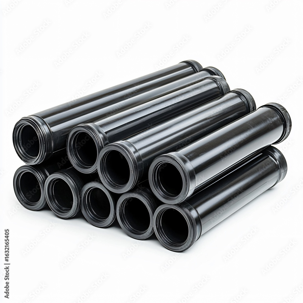 Fototapeta premium Industrial action transporting black plastic pipes warehouse product display organized environment eye-level view manufacturing concept