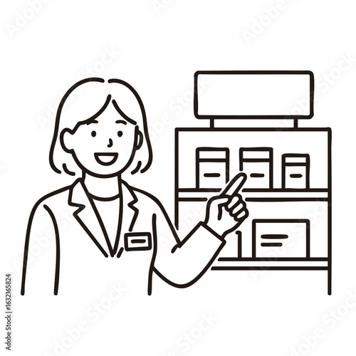 Female pharmacist pointing at medicine shelf, minimal line art illustration
